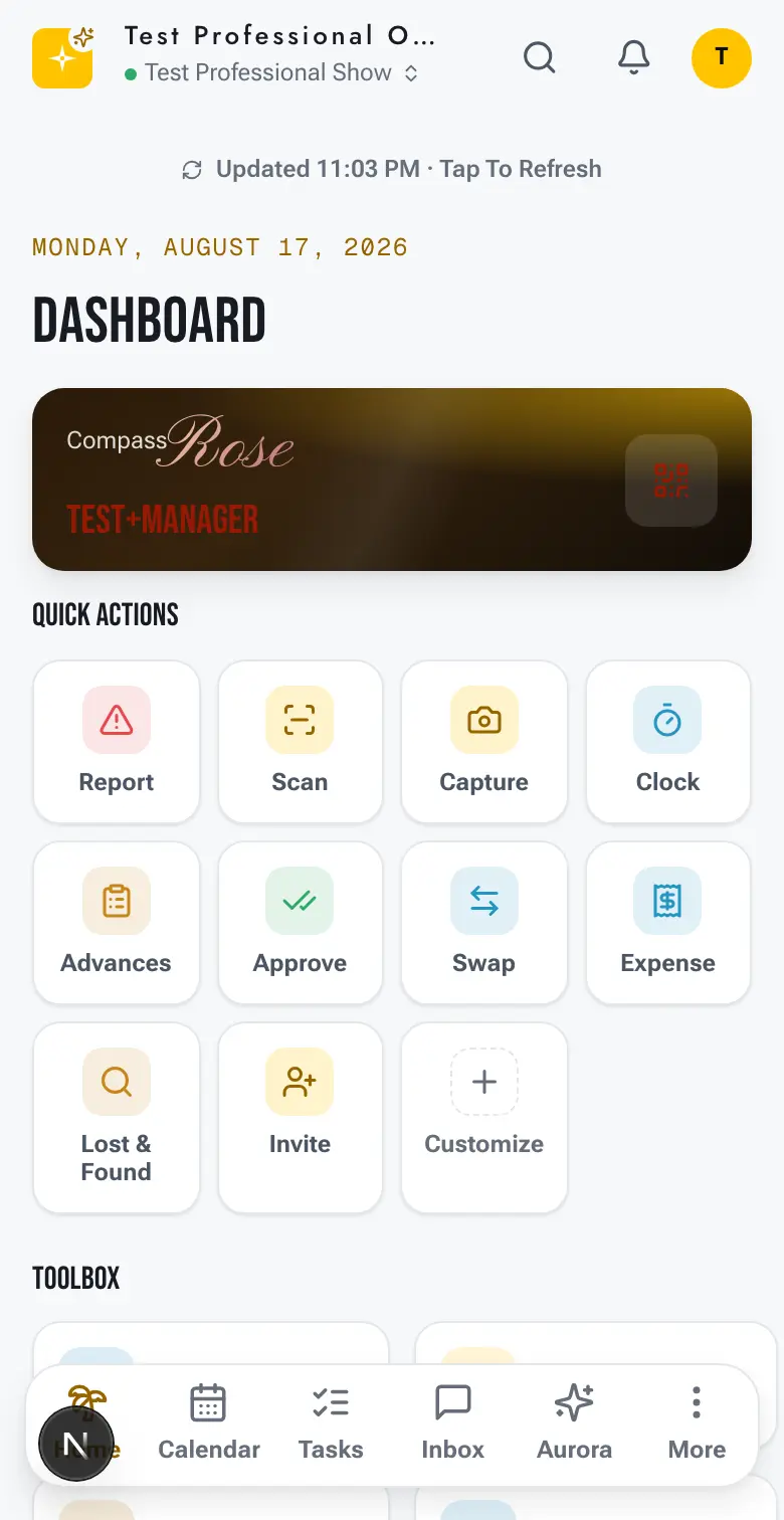 The Compass field app on a phone, showing a crew credential with a scannable code above a grid of quick actions: report, scan, capture, clock, advances, approve, swap and expense.