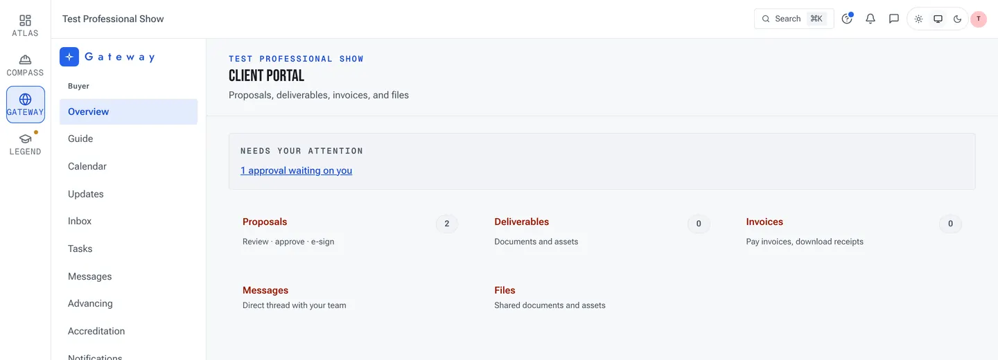 The Gateway client portal, showing one approval waiting on the client and sections for proposals, deliverables, invoices, messages and files.